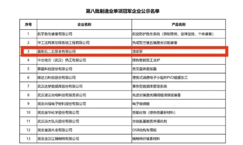 北化股份泵業(yè)公司入選國家制造業(yè)單項冠軍企業(yè)名單